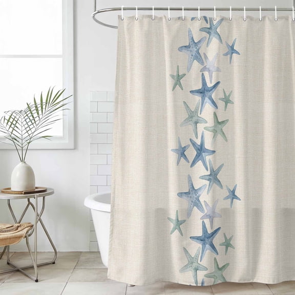 Bathroom Shower Curtain Blue Green Sea Starfish Waterproof Shower Curtains with Hooks, Marine Life on Retro Linen Bath Curtains Bathtub Curtain Home Decor 36x72in