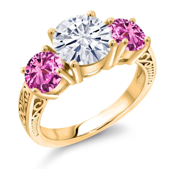 Gem Stone King 18K Yellow Gold Plated Silver White Moissanite and Pink Created Sapphire Engagement Ring for Women | 3.90 Cttw | Round 8MM | Gemstone Birthstone | Size 6