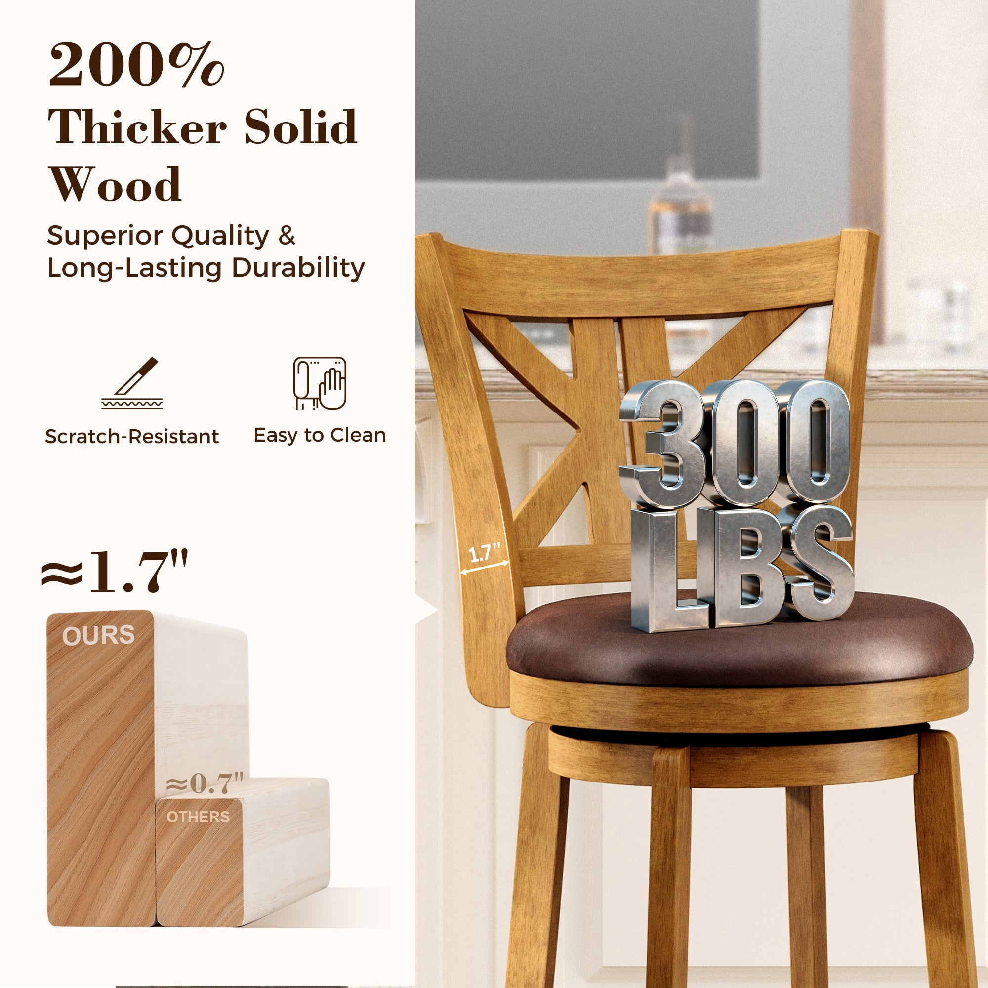 MF Studio 30" Bar Stool with Back Set of 6, Wood Swivel Bar Height Stool with K-Shaped Back & Extra Large Seat for Kitchen, Pub, Teak Color