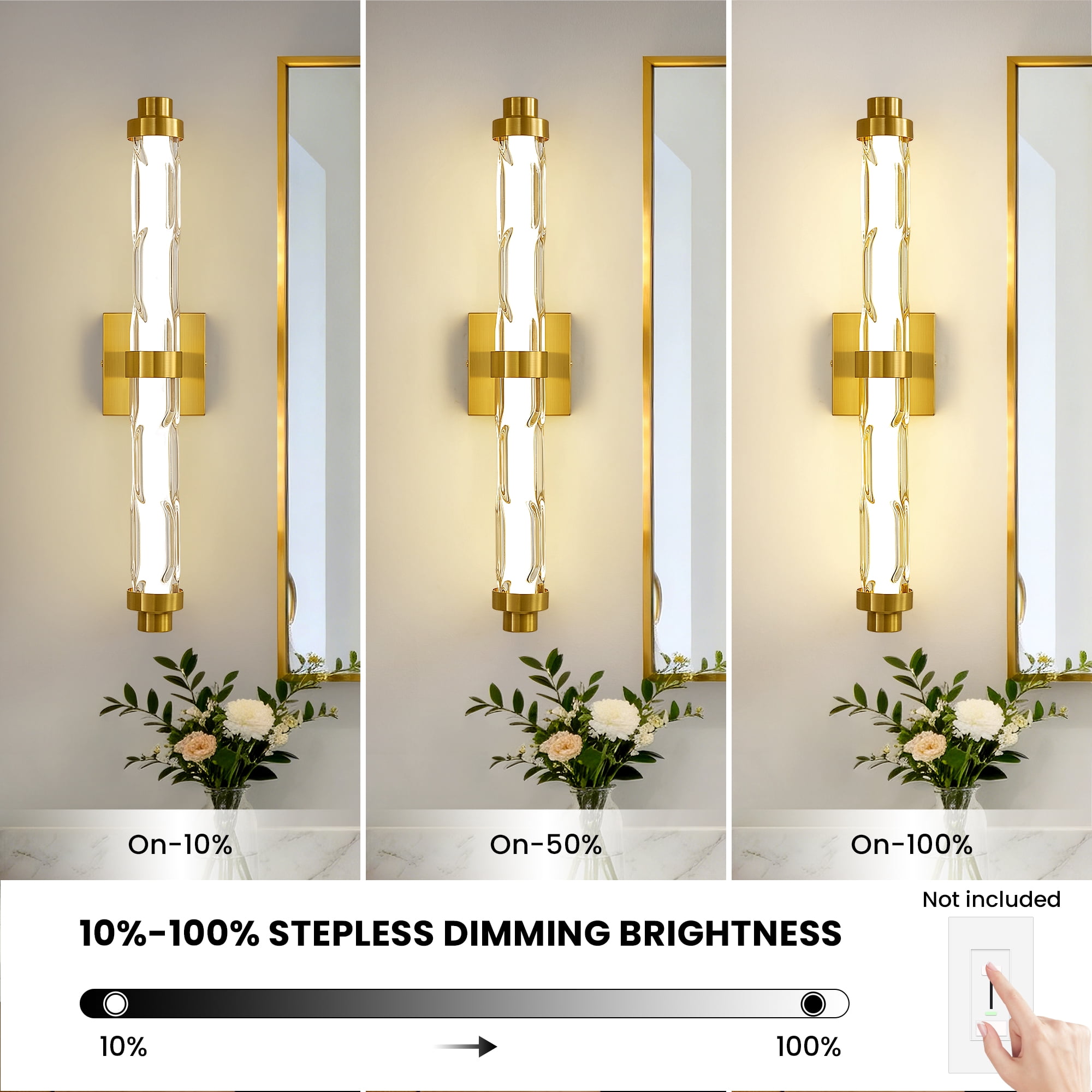 KAISITE 5CCT Modern Dimmable Indoor LED  Glass Wall Sconces, Slide Switch for Warm Light Adjustment, Ideal for Vanity, Hallway and Bedside Areas, Gold