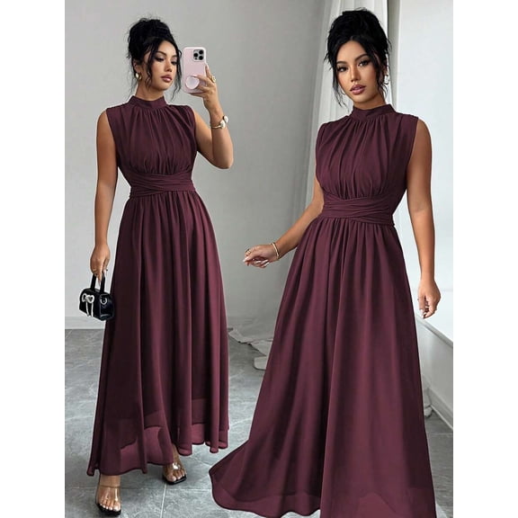 Maroon Womens Sleeveless High Neck Chiffon A-Line Maxi Dress With Criss-Cross Waist Tie
