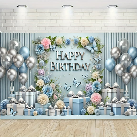 Blue Birthday Party Backdrop Blue and Silver Balloon Photography Background for Kids Adults Floral Theme Birthday Party Baby Shower Decorations Supplies