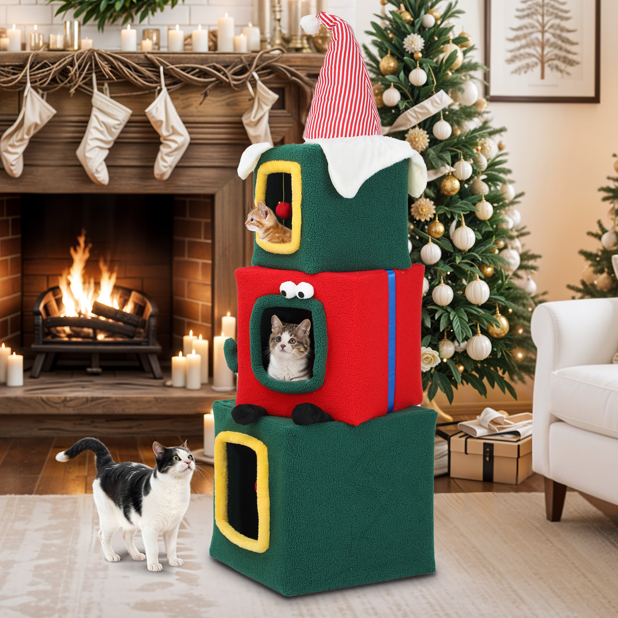 Uforic 60" H Large Christmas Cat Tree, Multi-Level Cat Tree,3 Story Playhouse with Hanging Ball,Green