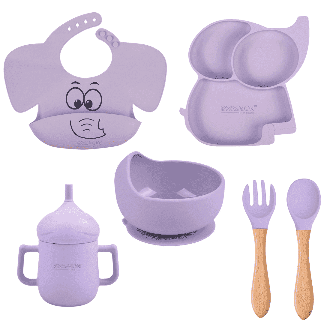 SWAGSON Silicone 5 piece Baby Feeding Set for Baby Led Weaning, Baby Plate and Bowl, Baby Fork and Spoon, Sippy Straw Cup, and Bib