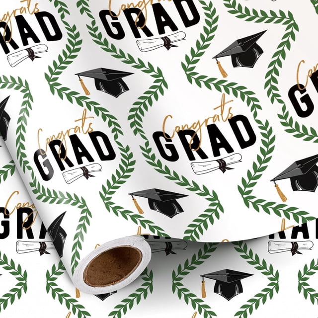 RUSPEPA Graduation Wrapping Paper Roll, Mini Roll, Green Laurel Wreath and Graduation Cap Design, Black GRAD Gift Wrap for Graduates, Perfect for Graduation Party Celebration, 17 Inches x 16.4 Feet