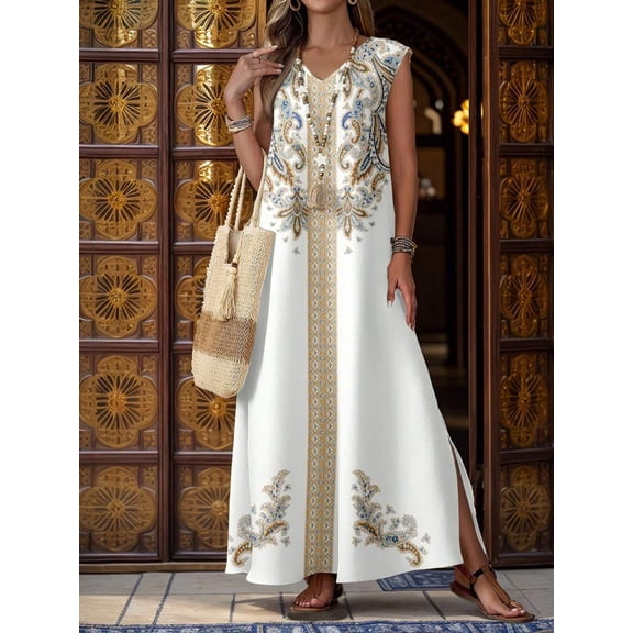 Multicolor Embroidered V-Neck Maxi Dress, Bohemian Casual Luxury Womens Sleeveless A-Line Dress