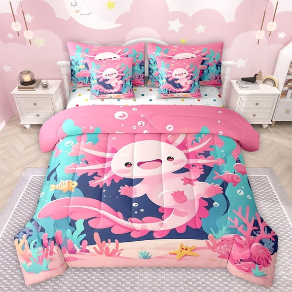 Manfei Kids Children Cartoon Axolotl Twin Bedding Sets 7-Piece,Kawaii Marine Animal Bedding Comforter Set Microfiber,Cute Salamander Breathable Sheet Sets,Super Cozy Room Decor,Reversible