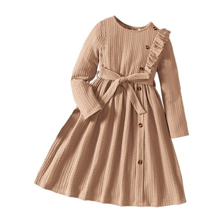 

XIEULQP Baby Girl Clothes Big Kids 2024 New Girls Autumn and Winter Knit Stripes Button Embellishment Pullover Dress Daily Casual Dress Girls Fall Outfit Summer Dress Khaki