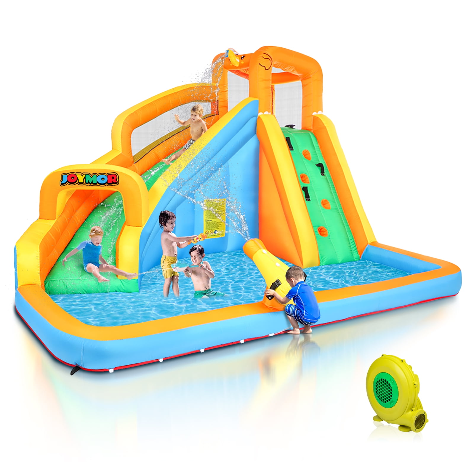 JOYMOR Inflatable Water Slide Bounce House w/Climbing Wall Water Gun Splash Pool Water Slide Castle Outdoor Backyard Playhouse for Little Kids (Included Blower)
