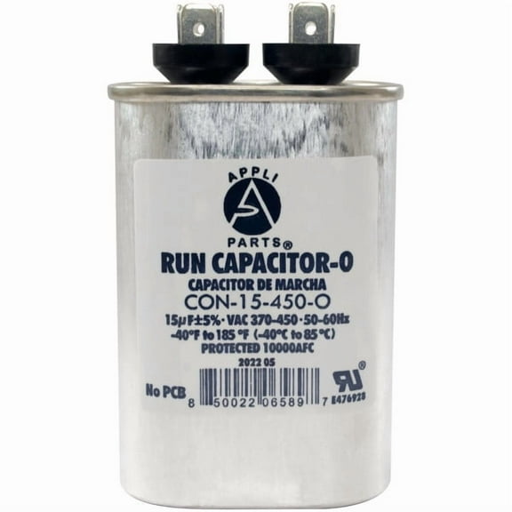 Appli Parts Run Capacitor for ac 15 Mfd uF (microfarads) 370 VAC or 450 VAC CBB65 Oval Universal fit for hvac and other applications 3-1/2in H 1-3/8in W 2-1/8in L CON-15-450-O