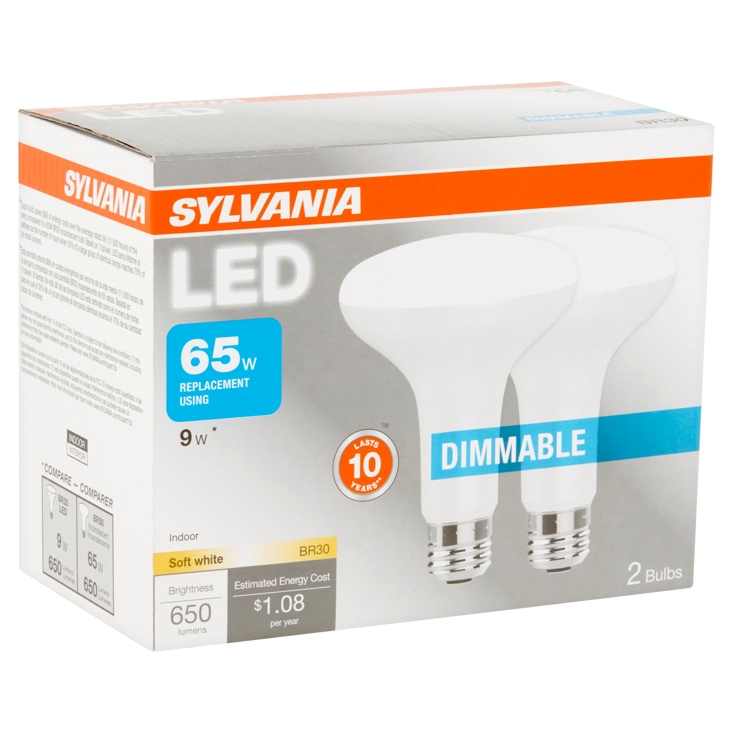 2-SYLVANIA LED 65 W REPLACEMENT BULBS Dimmable Soft Wht 9W 800 LUMEN BR30 Flood 