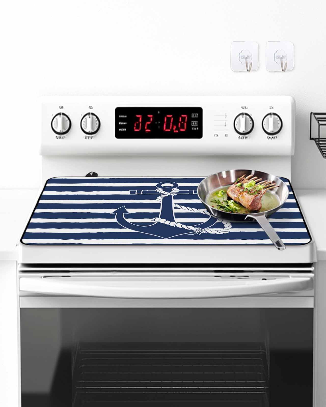 Stove Top Covers for Electric Stove, Navy Blue Anchor Nautical Glass Stovetop Cover Protector, Navy Blue Striped Farmhouse Induction Cooktop Protector Oven Mat for Kitchen Countertop 24"x21"