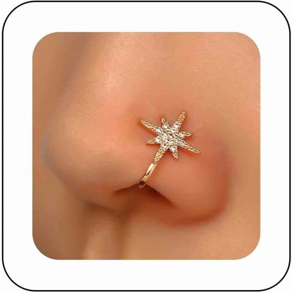 Boho Gold Starburst Clip On Nose Rings Crystal Northstar Fake Septum Nose Rings Hoop Rhinestone Star Nose Rings U Shaped Clip on Nose Stud Jewelry for Women