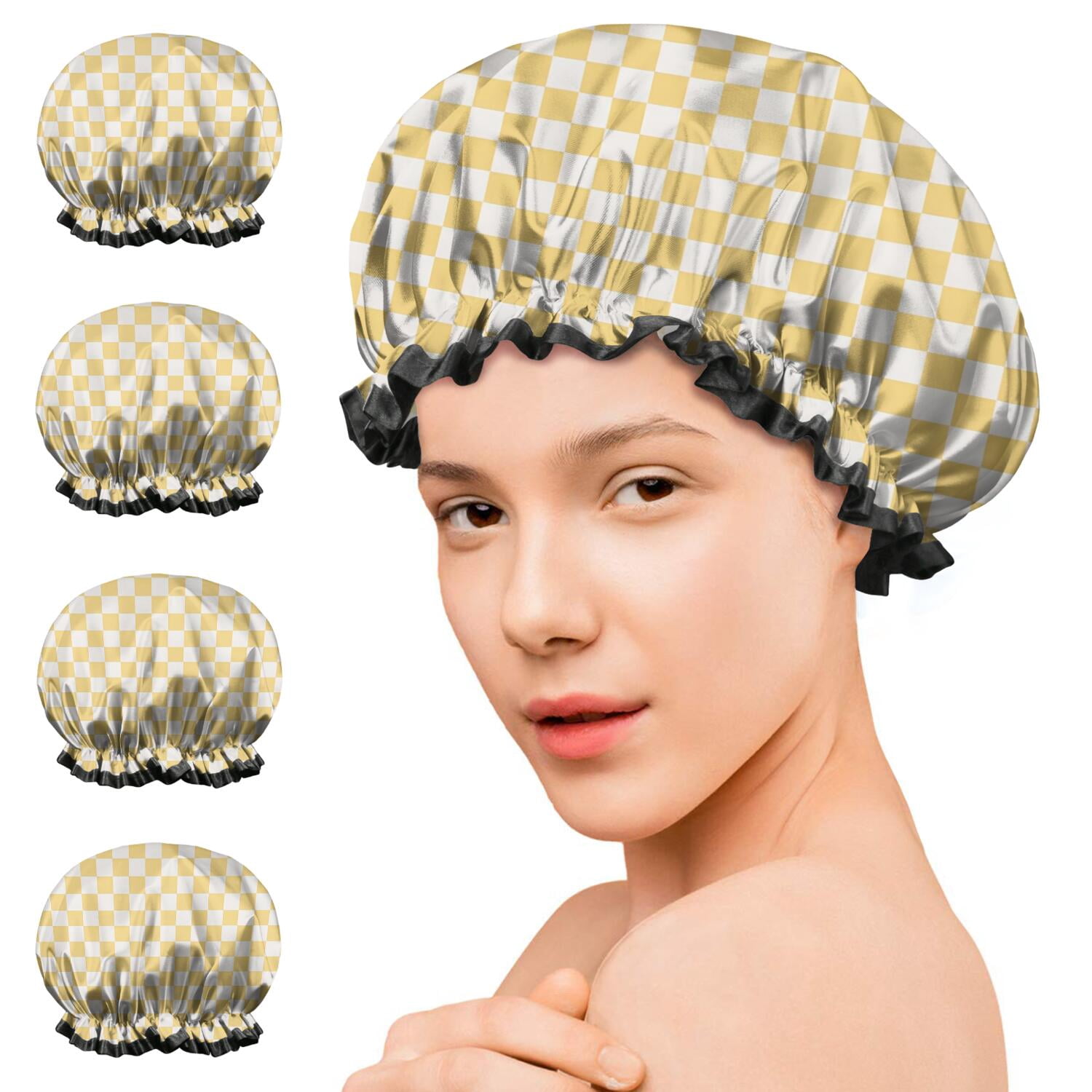 Shower Caps,Yellow and White Checkerboard Pattern Waterproof Shower Cap for Women 4 Pieces,Double Reusable Hair Cover for Shower PEVA Elastic Stretch Hem