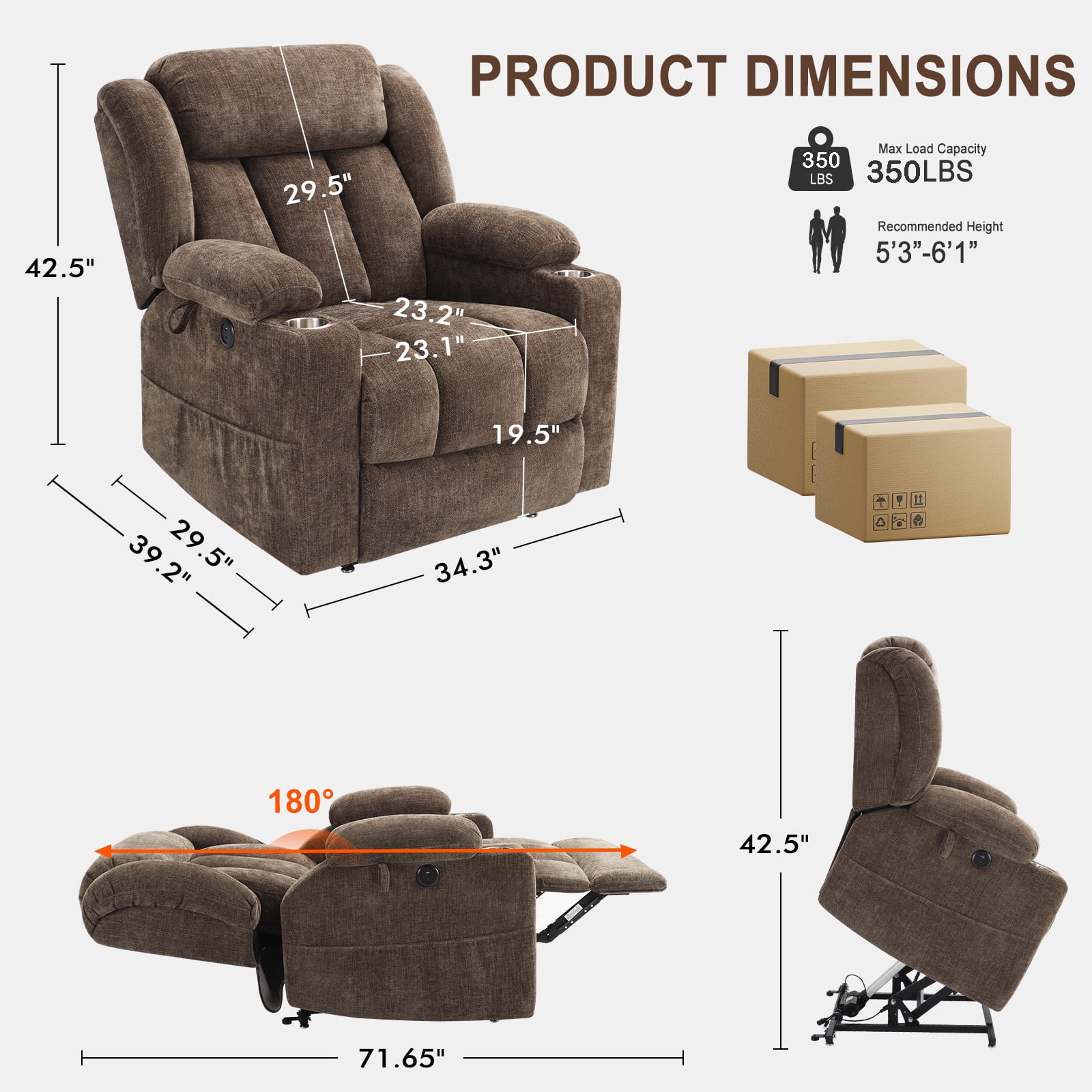 WACASA Lay Flat Recliner Chair with Heat and Massage, Dual Motor Lift Chairs for Elderly with Cup Holder, USB Ports, Oversized Power Recliners for Adults-Brown