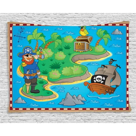Ship Map - Island Map Decor Tapestry, Funny of Treasure Island with Pirate Ship and Parrot Kids Play Room Decoration, Wall Hanging for Bedroom Living Room Dorm Decor, 80W X 60L Inches, Multi, by Ambesonne