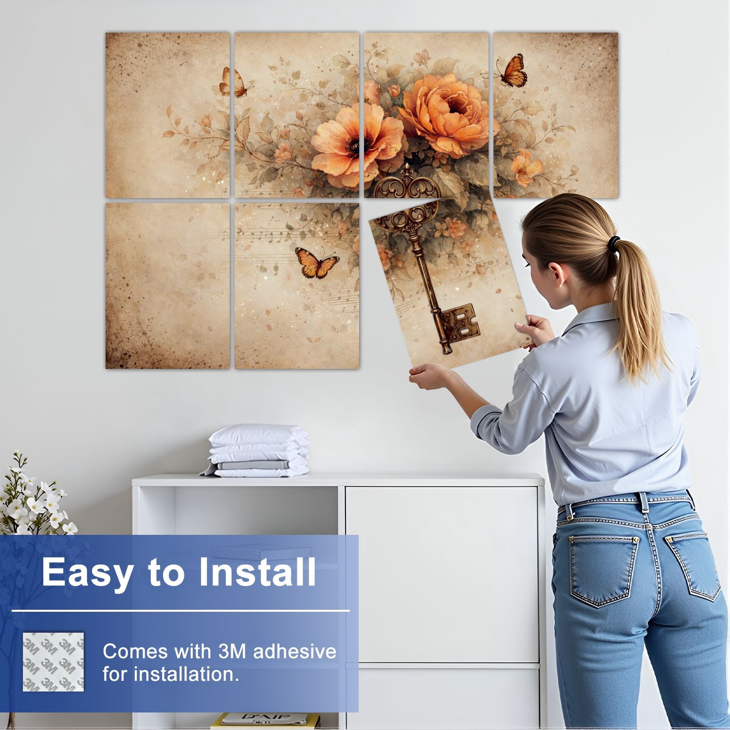 Gothic 8 Pack Art Acoustic Panels Sound Absorbing Vintage Key Watercolor Flowers Musical Notes Decorative Soundproof Wall Panels Self Adhesive for Nursery Game Room Bedroom 48"x32"