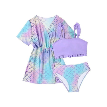 Toimothcn Girl s Swimsuit Long Sleeve Casual Colorful Fish Scale Printed 4 Piece Bikini Set Quickly Dry Cover Up Swimwear 7-8 Years