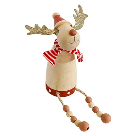 Wood Christmas Figurines Set - Santa Claus, Snowman & Reindeer with Dangling Beaded Legs, Rustic Shelf Sitters for Xmas Home Decor, Desktop Display & Party Decorations