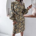 thumbnail image 2 of Robes d'Automne pour Femmes Manches Longues Lanternes Demi-Col Roulé Imprimé Floral Ceinture Décontractée Robes Midi Crayon, 2 of 6