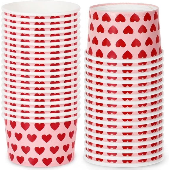 50Pcs Mother's Day Treat Snack Cups 8oz Pink Red Heart Ice Cream Bowl Love Heart Disposable Paper Bowls for Hot Cold Food Decorations