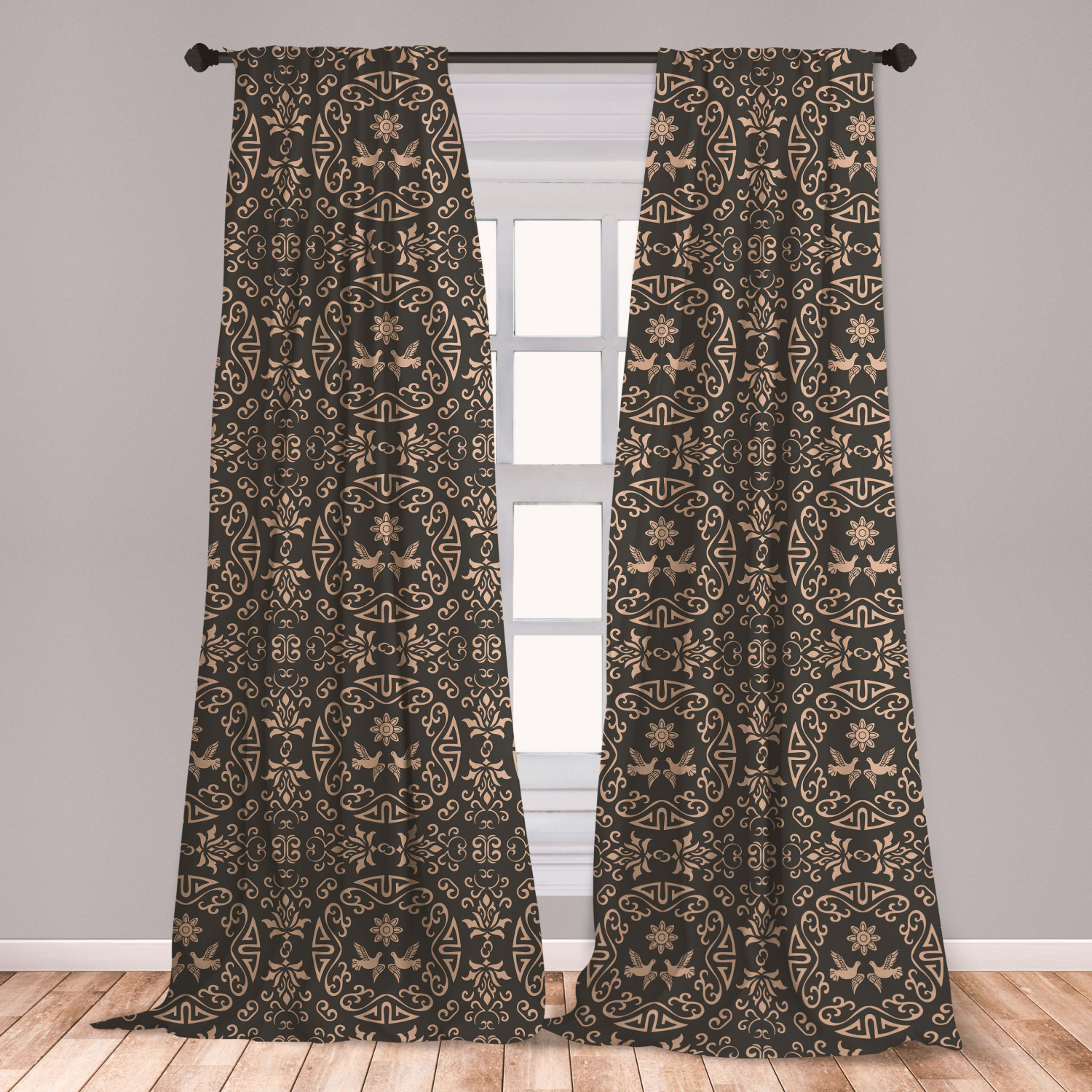 Classical Curtains 2 Panels Set, Oriental Rounds Curves with Pigeons