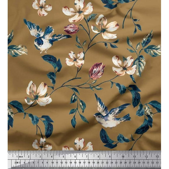 Soimoi Rayon Crepe Fabric Robin,Leaves & Wildflower Floral Print Fabric by the Yard 46 Inch Wide