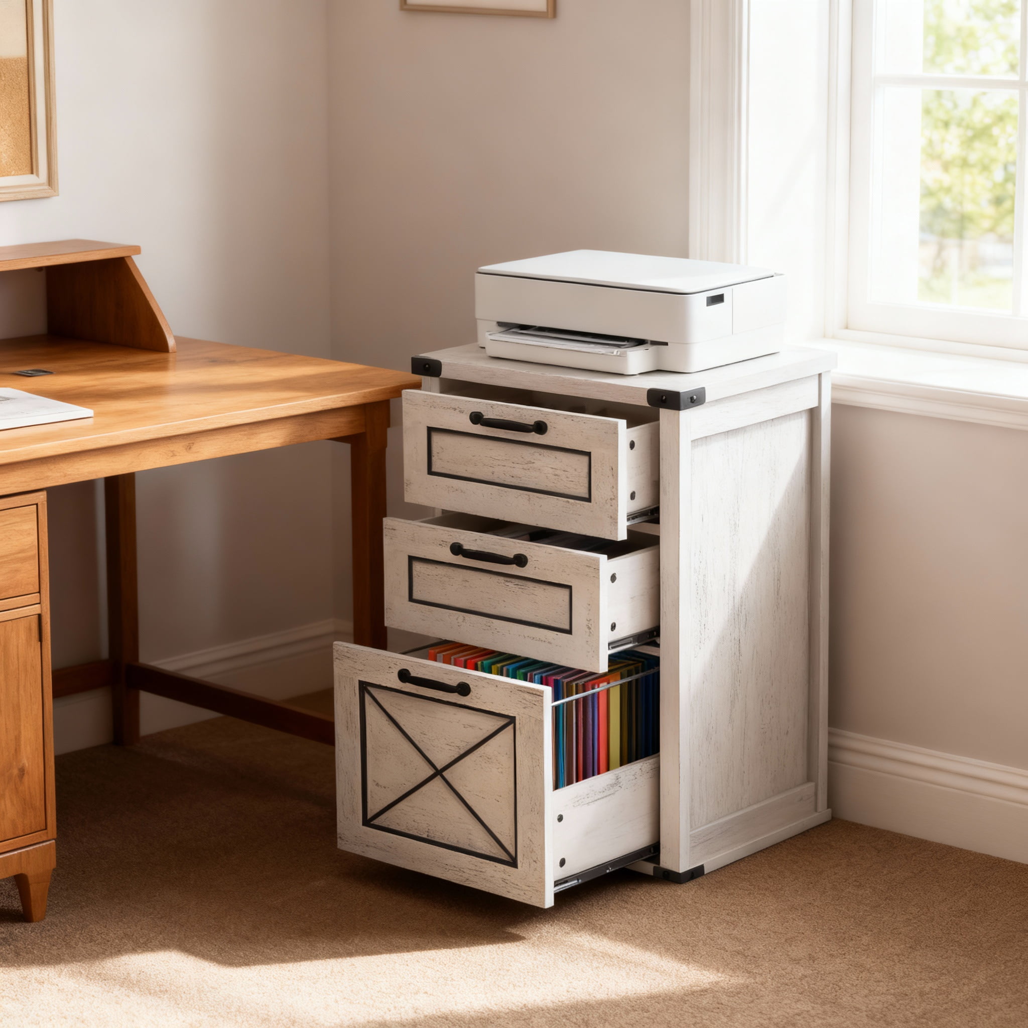 LEDREM 3-Drawer File Cabinet with Hanging Drawer,Printer Stand for A4 & Letter Files,Freestanding Storage Unit for Home Office,Rustic White