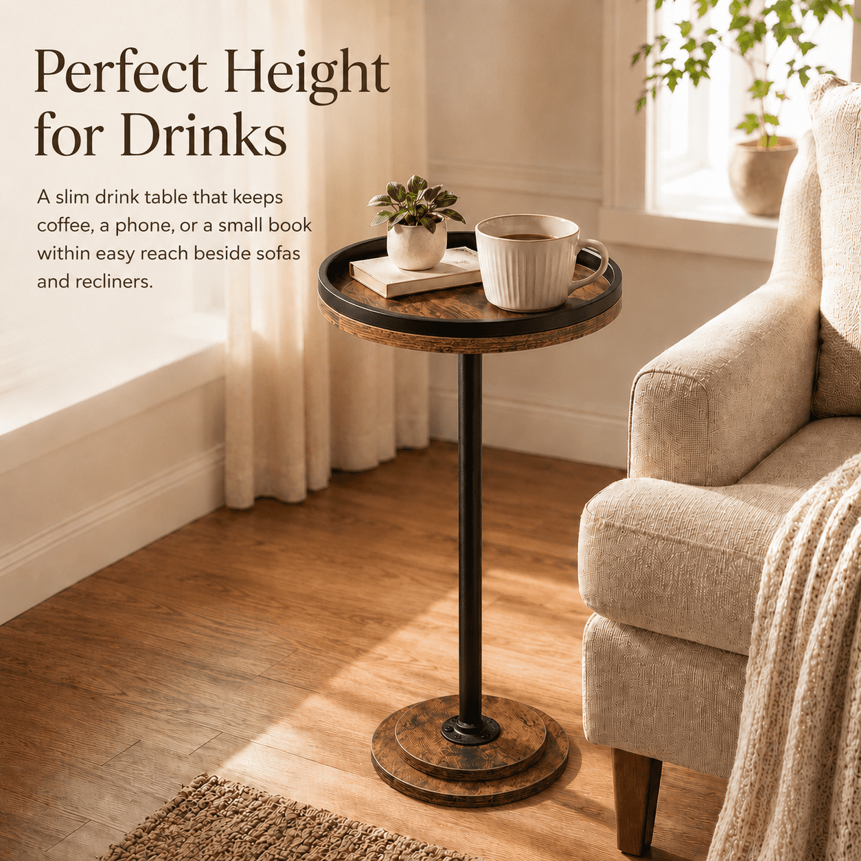 MEHOOM Round Side Table, Rustic Brown Drink Table for Small Spaces, Modern Accent End Table for Living Room, Bedroom