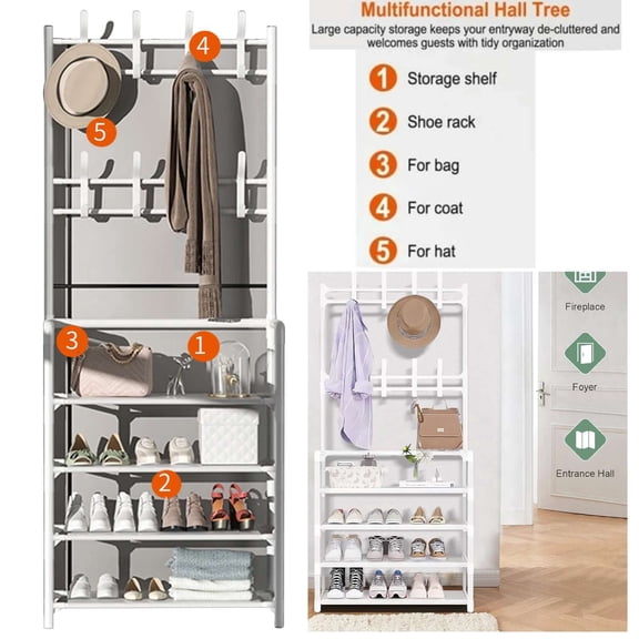 Jowenia 4 Tier Coat Rack with Shoe Storage, Freestanding Hall Tree Shoe Bench for Entryway Bench, Hall Tree Hat and Shoe Storage Rack, with 4 Shoe Storages, 8 Removable Hooks, White