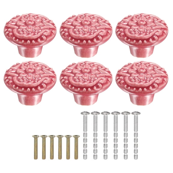 Uxcell 6 Pack Ceramic Knobs, 34mm/1.34" Flower Pattern Mushroom Knob Drawer Pull Handle Vintage Wardrobe Knobs with Screws for Vanity Bedroom Furniture Closet, Red