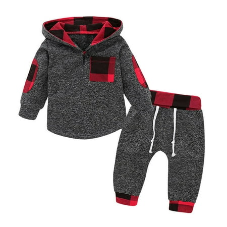 Toddler Baby Boys Girls Outfit Pocket Hoodie Sweatshirt Shirt Tops+Plaid Pants Clothes Set Autumn