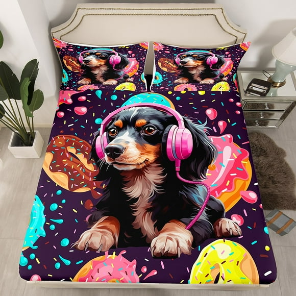 Cartoon Pug Dog Twin Fitted Sheet Colorful Doughnut Bedding, Pink Headphone Headset Bed Sheets Hippie Black Bed Cover, Donut Dessert Polka Dots Bed Set for Kids (Deep Pocket)（No Top Sheet）
