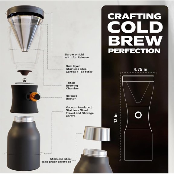 Cold Brew Coffee Maker, 40oz Insulated Cold Brew Brewer with Portable Stainless Steel Carafe