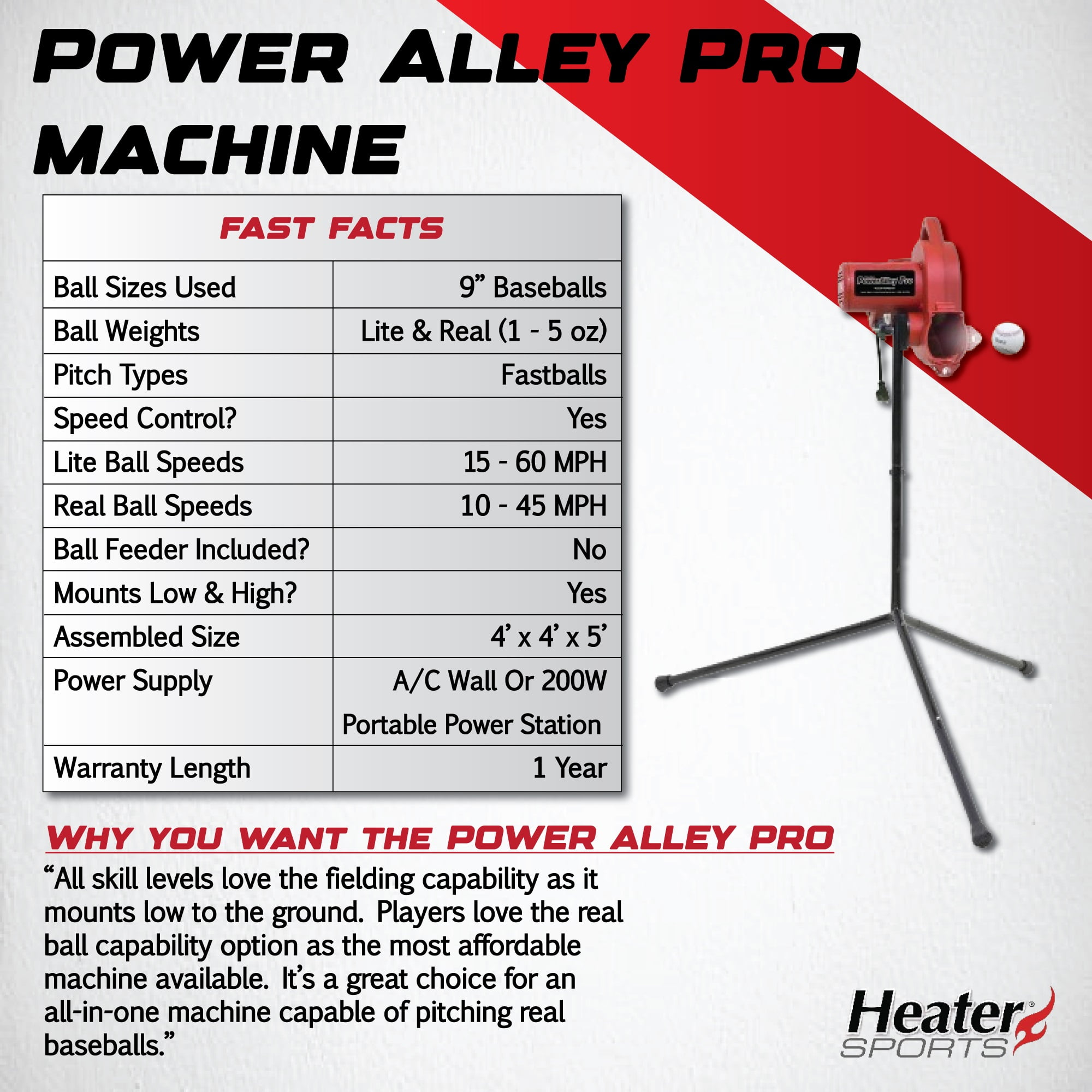 Heater Power Alley Pro Real Baseball Machine - Adjustable Design, Pitches Real Baseballs Up to 45 MPH, Accurate and Portable Training Tool for Batting, Pitching, and Field Practice
