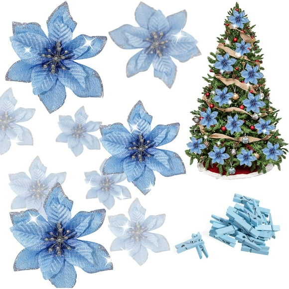 24 Pcs Blue Poinsettia Artificial Christmas Flowers with 24 Pack Clips, Glitter Christmas Tree Ornaments Xmas Wedding Party Decor (13 x 13 cm)