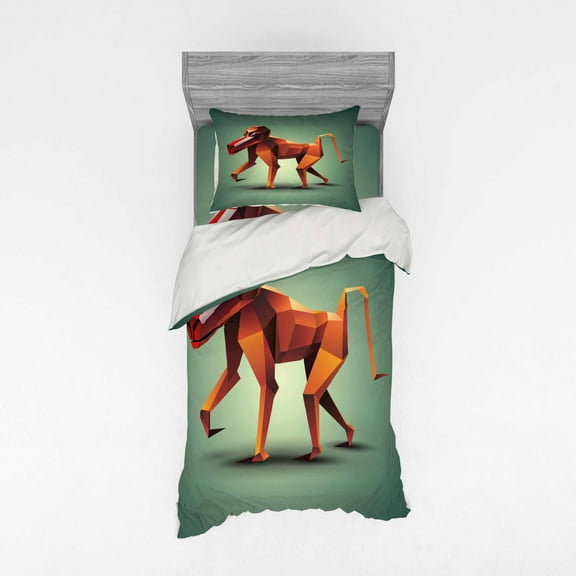 Ambesonne Geometric Bedding Set 3 Pcs, Polygonal Wild Monkey, Twin XL, Forest Green Orange