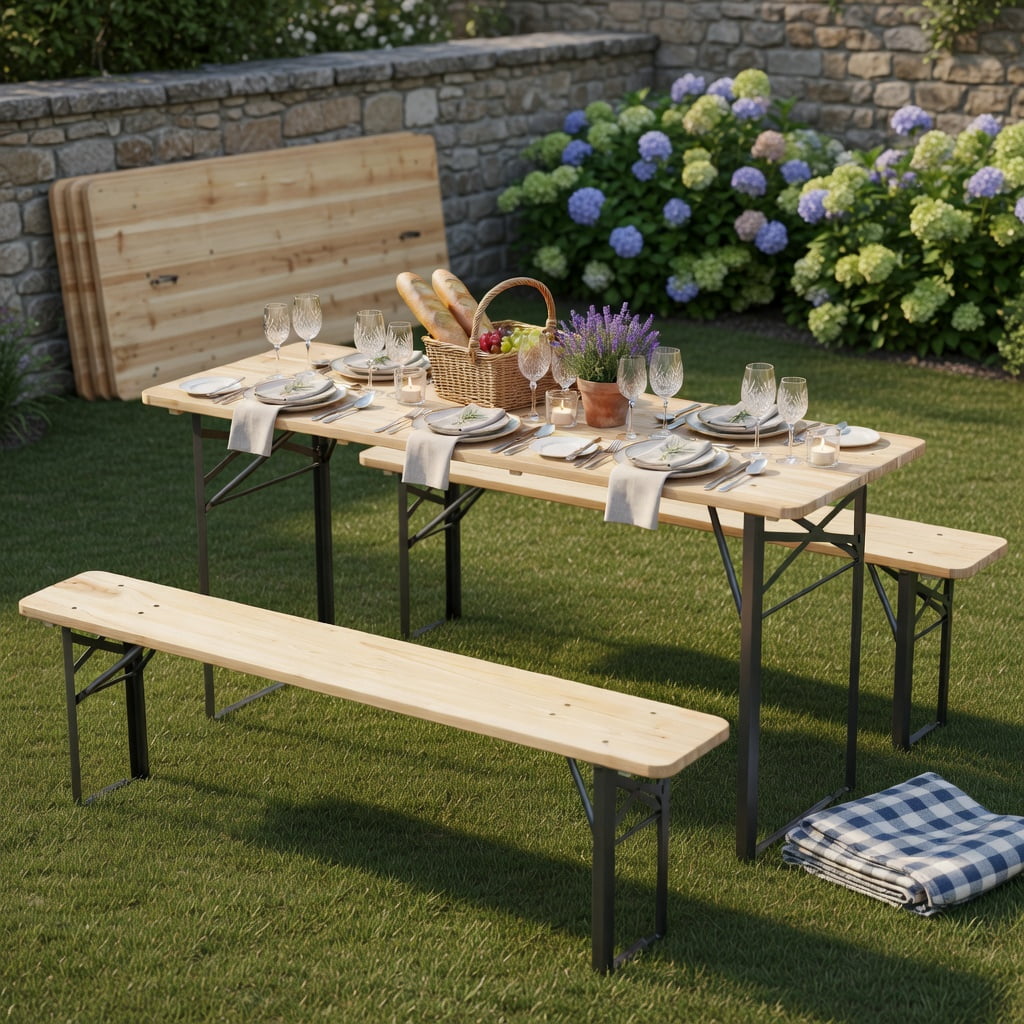 Hommoo 70 Inch Foldable 3-Piece Picnic Table Set with Benches for 6, Fir Wood & Metal Outdoor Patio Table, Black & Natural