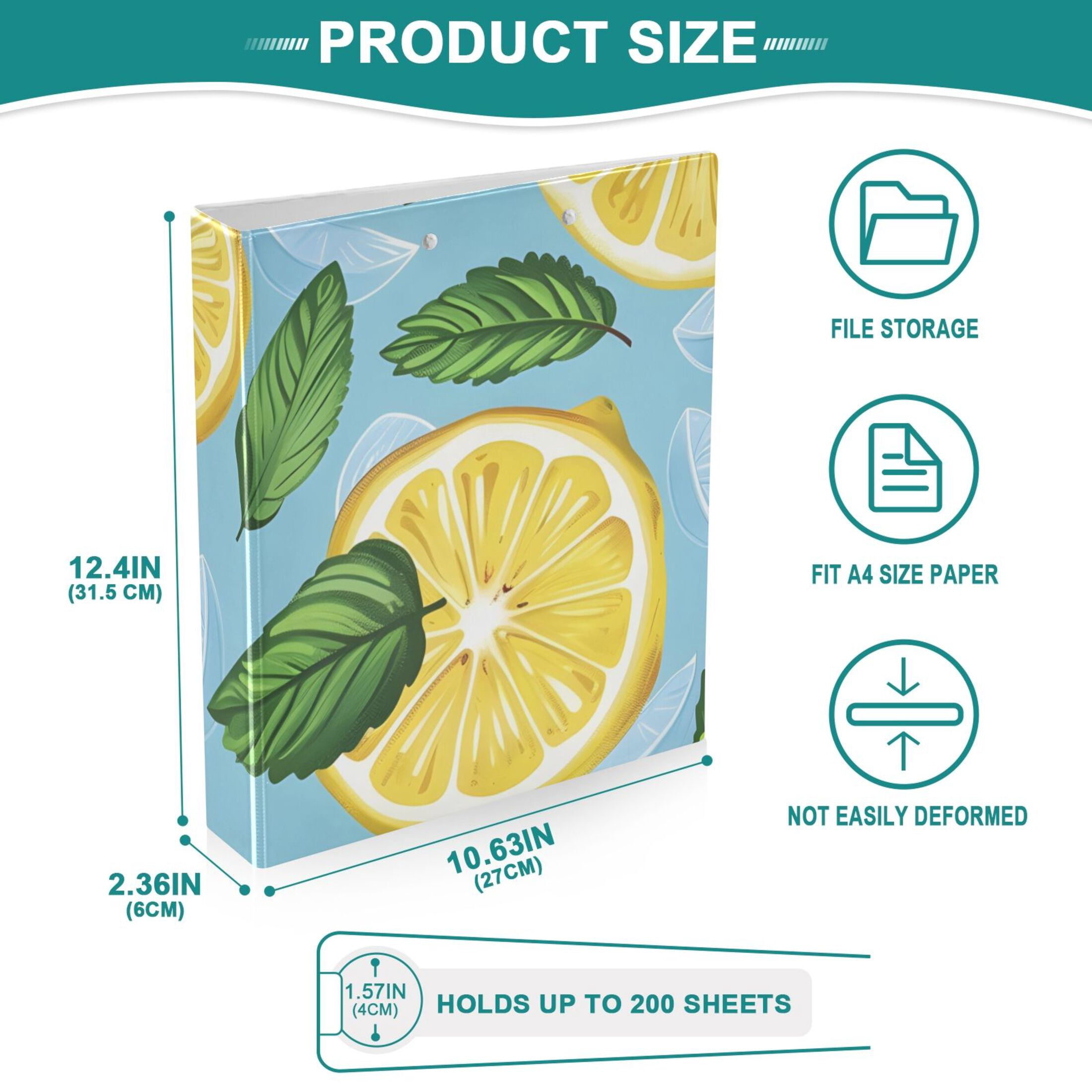 Lemon Mint Leaves 3 Ring Binders 1.5 inch Hardcover File Folders with Interior Pockets A4 Size Organizer for School Office Hospital