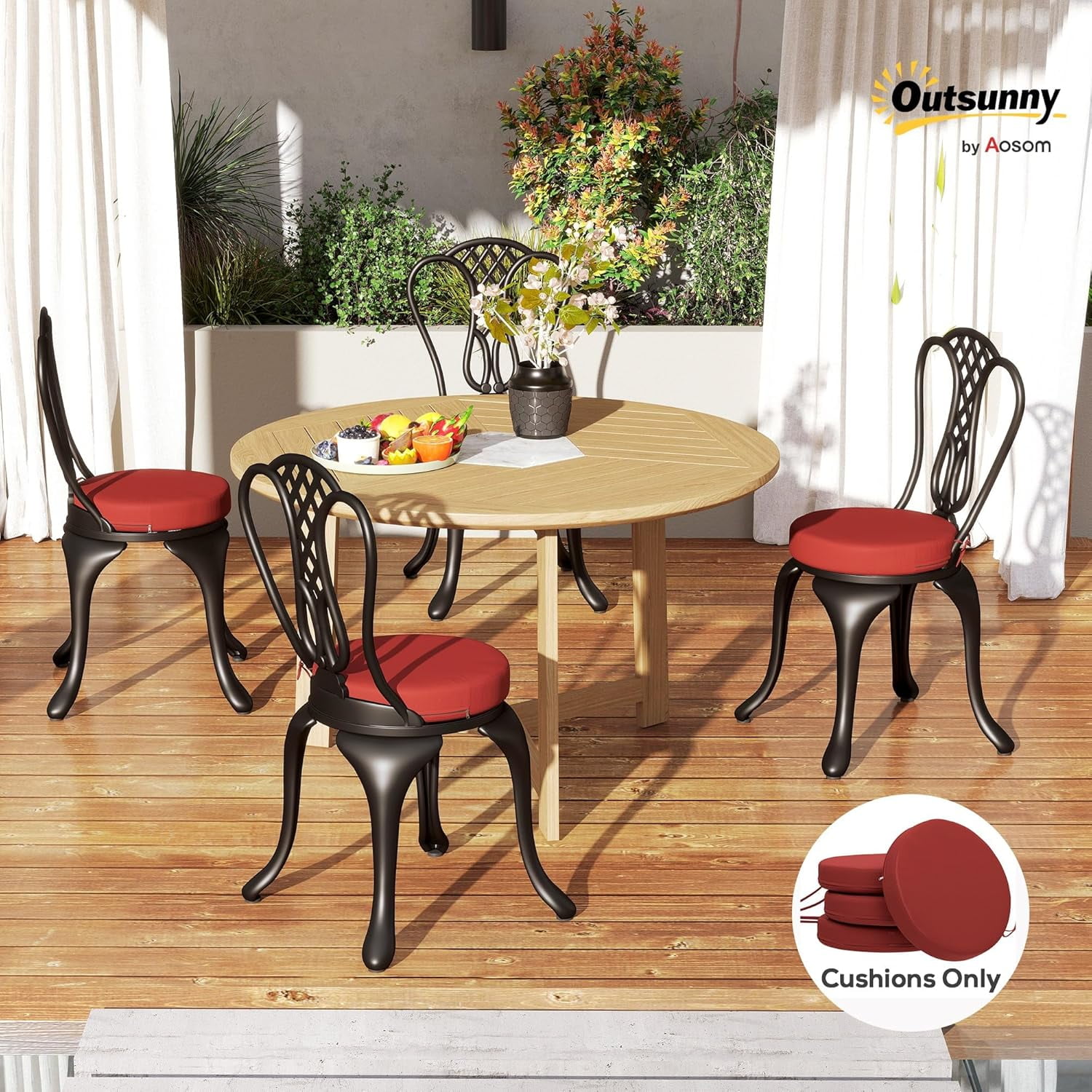 Outdoor Bistro Chair Cushions Set of 4 with Machine Washable Cover, 15" x 15" x 3" Thick Round Seat Cushions for Patio Furniture with Ties, Chair Pads for Dining Chairs, Wine Red