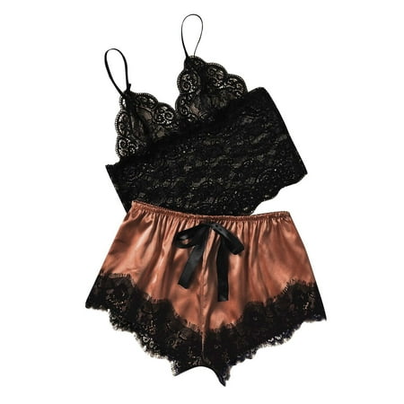

Women Camisole Top Shorts Pajamas Set Pajamas Two-Piece Set Bronze Lingerie For Women Lace Satin Bra ole Spaghetti Strap Tops Shorts Pajamas Two Piece Set
