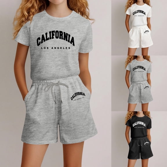 LRen Toddler Girl Summer Outfits Sets Print Short Sleeve T Shirt Tops Crew Neck Everyday Street Outfit Preppy Clothes