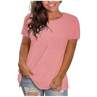 Women's Short Sleeve Button Down Shirt - V-Neck Casual Blouse With Pockets, Loose Fit, Rose Pink