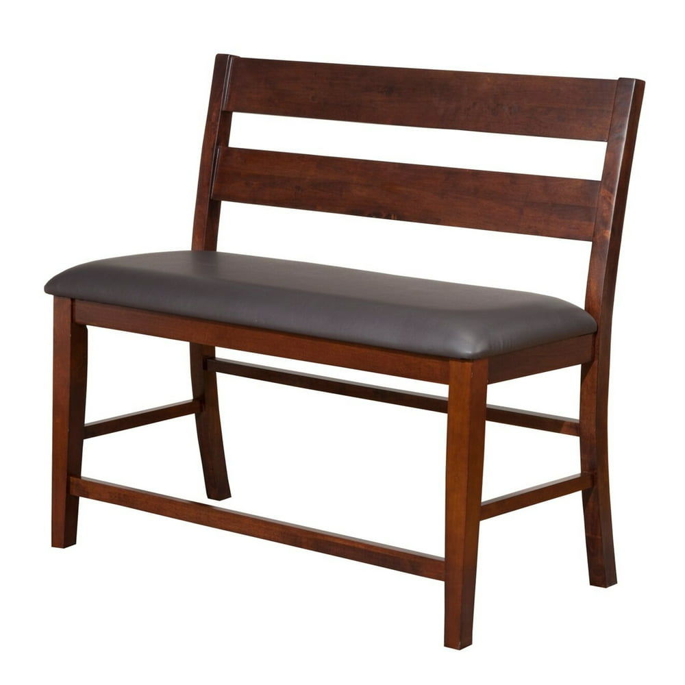Leatherette Padded Wooden Pub Bench with Double Ladded Back, Brown and