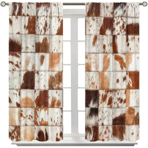 Cowhide Fur Printed Curtains, Western Farm Vintage Patchwork Fur, Kids Boys and Girls Bedroom Living Room Kitchen Window Treatments Drapes, 42''''W x 63''''L