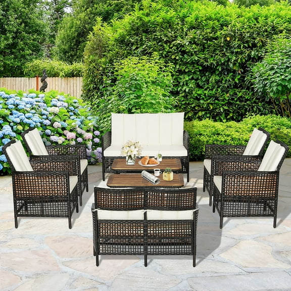 Costway 8PCS Patio Rattan Furniture Set Cushioned Chairs Wood Table Top W/Shelf