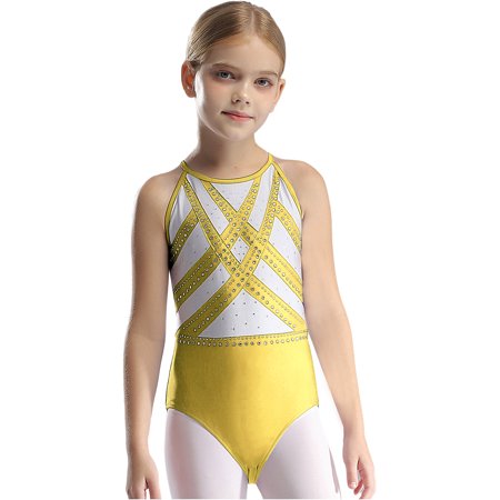 iiniim Kids Girls Sparkly Gymnastics Leotard Sleeveless Sport Unitard Rhinestones Romper Figure Ice Yellow 6