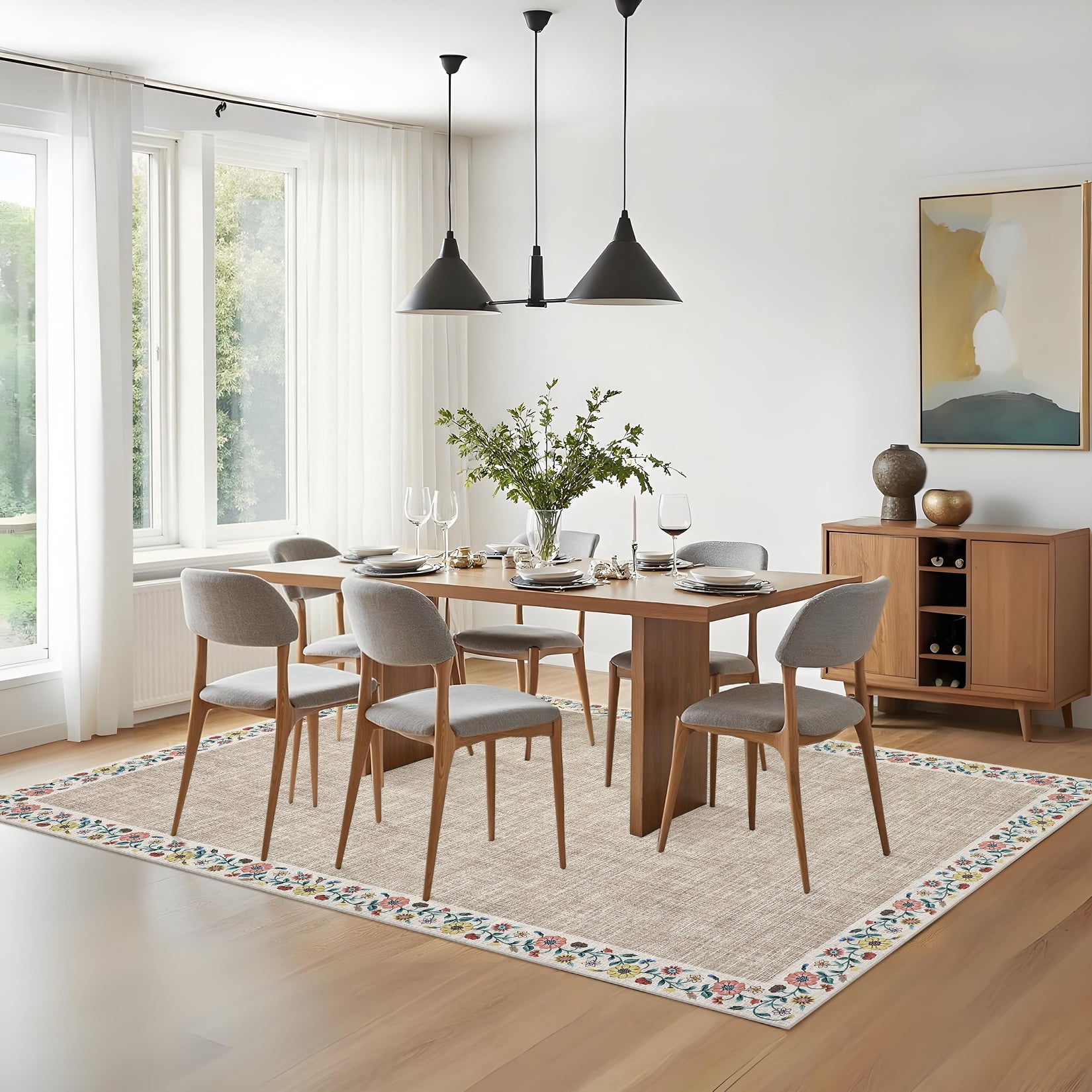 Hasoo Washable Living Room Area Rug 10x13 Large Modern Floral Border Soft Non Slip Indoor Light Camel Carpet