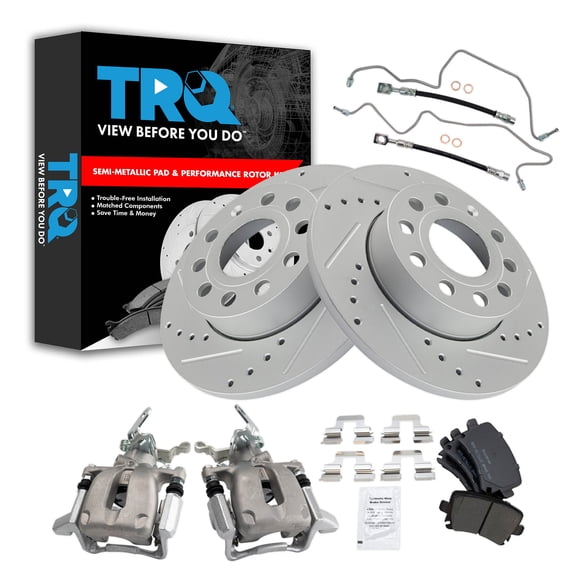 TRQ Rear Brake Pad and Rotor Set Semi Metallic Slotted Drilled 260mm Rotors Calipers Fits 2005 Volkswagen Jetta
