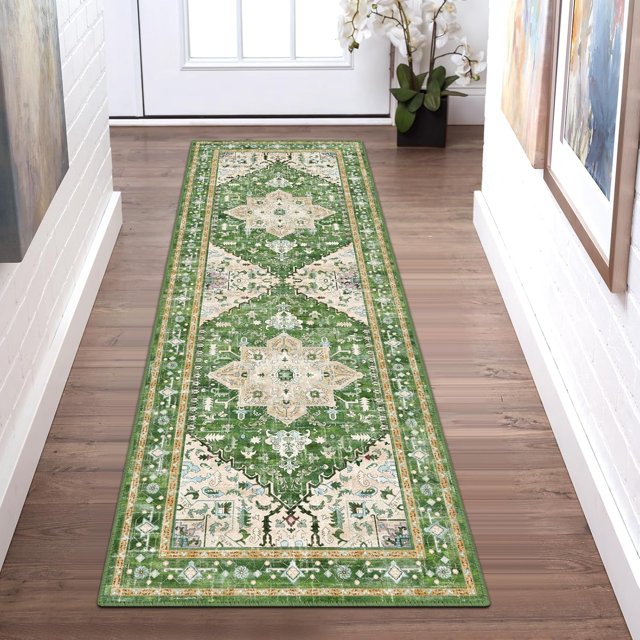 Washable Runner Rug x Boho Vintage Hallway Rug Runner with Rubber Backing Stain Low Pile Faux Wool Distressed Carpet Runner for Bedroom Kitchen Laundry Entrance